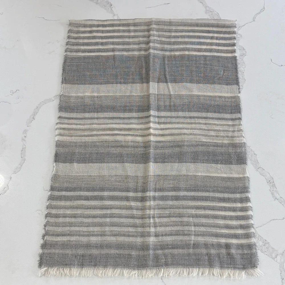 J. Crew Gray & White Striped Lightweight Woven Long Fringe Scarf